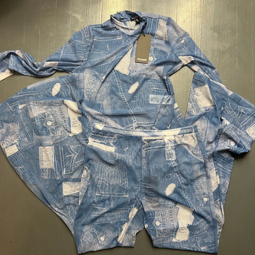 Blue Denim Print Two-Piece Set True Religion Sheer Flare Pants